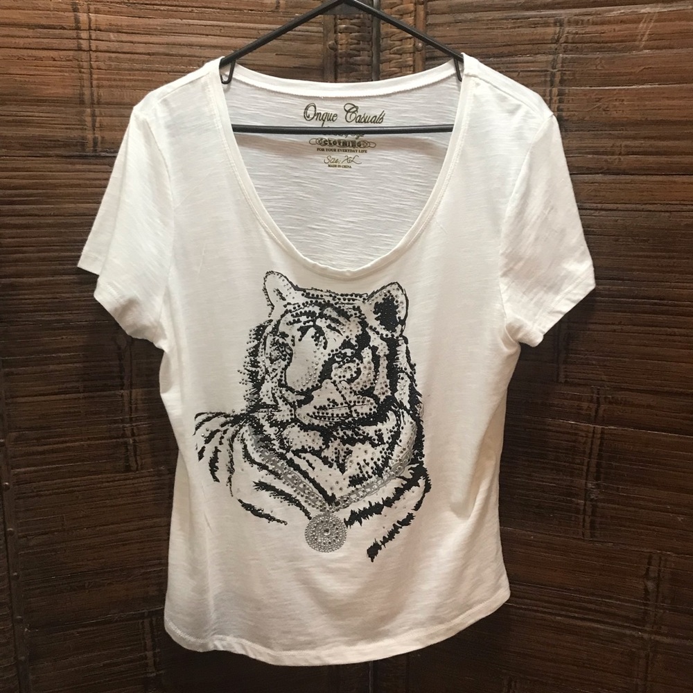 Onque Casuals Tiger Rhinestones Beads White T-shirt